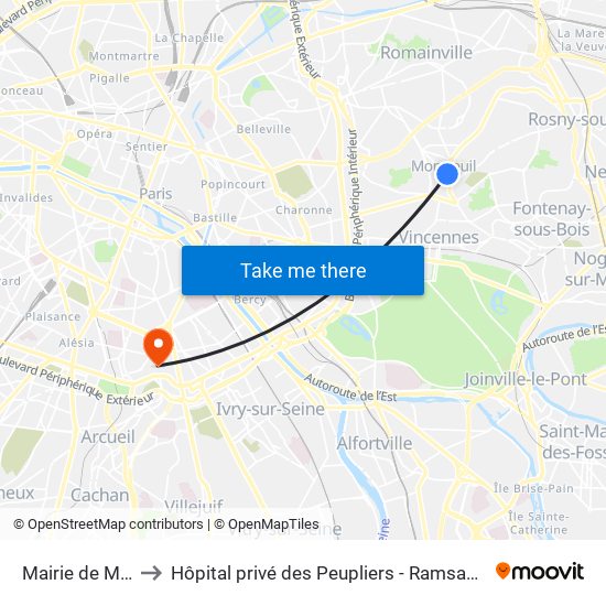 Mairie de Montreuil to Hôpital privé des Peupliers - Ramsay Générale de Santé map