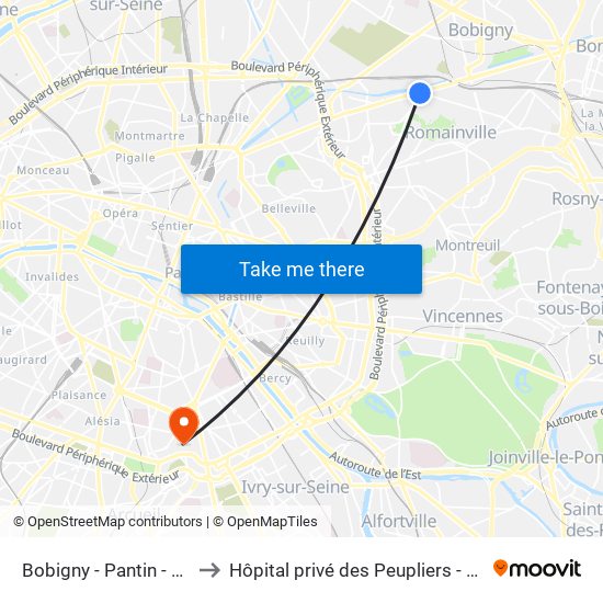 Bobigny - Pantin - Raymond Queneau to Hôpital privé des Peupliers - Ramsay Générale de Santé map