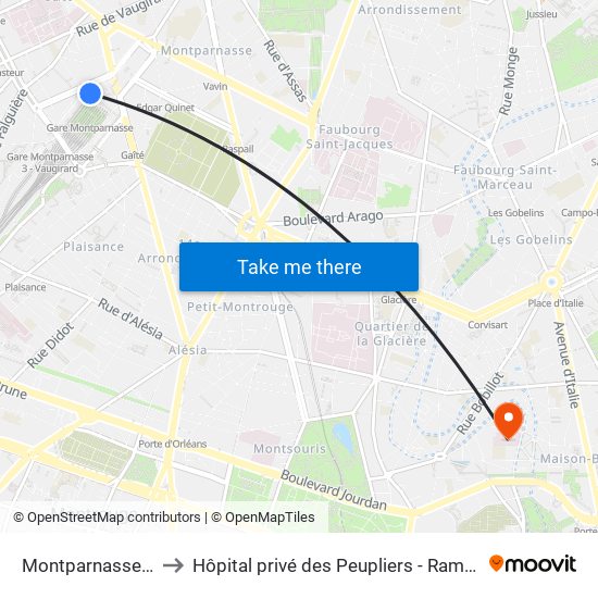 Montparnasse-Bienvenue to Hôpital privé des Peupliers - Ramsay Générale de Santé map