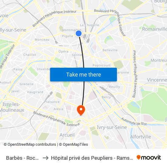 Barbès - Rochechouart to Hôpital privé des Peupliers - Ramsay Générale de Santé map