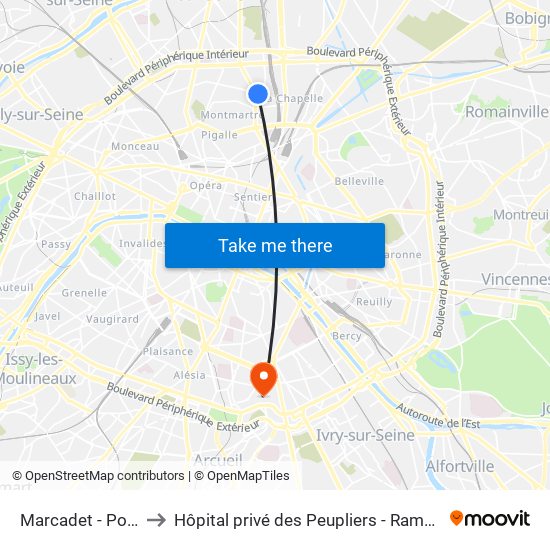 Marcadet - Poissonniers to Hôpital privé des Peupliers - Ramsay Générale de Santé map