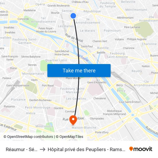 Réaumur - Sébastopol to Hôpital privé des Peupliers - Ramsay Générale de Santé map
