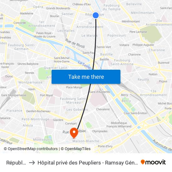 République to Hôpital privé des Peupliers - Ramsay Générale de Santé map