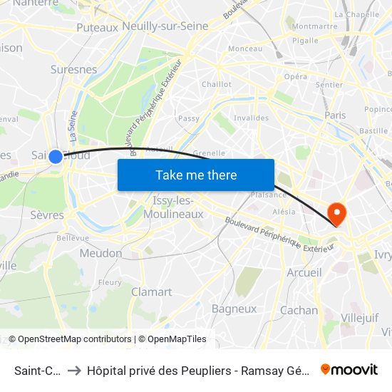 Saint-Cloud to Hôpital privé des Peupliers - Ramsay Générale de Santé map