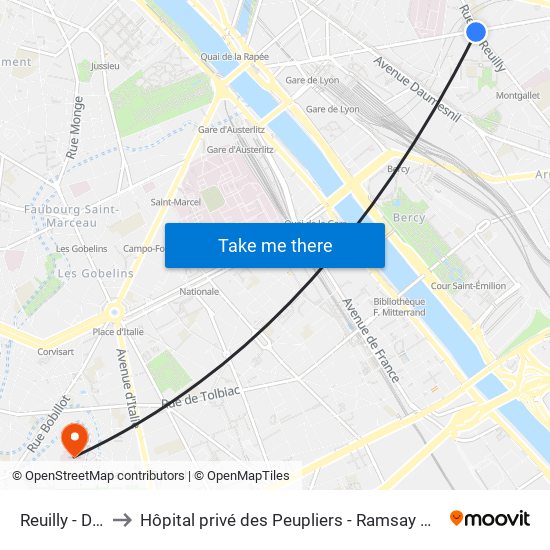Reuilly - Diderot to Hôpital privé des Peupliers - Ramsay Générale de Santé map