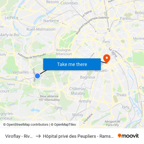 Viroflay - Rive Gauche to Hôpital privé des Peupliers - Ramsay Générale de Santé map