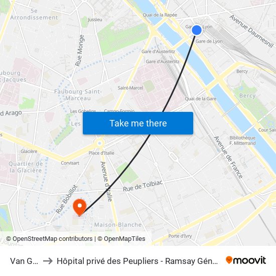 Van Gogh to Hôpital privé des Peupliers - Ramsay Générale de Santé map