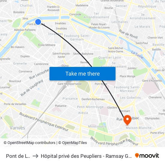 Pont de L'Alma to Hôpital privé des Peupliers - Ramsay Générale de Santé map