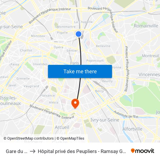 Gare du Nord to Hôpital privé des Peupliers - Ramsay Générale de Santé map