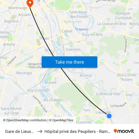 Gare de Lieusaint Moissy to Hôpital privé des Peupliers - Ramsay Générale de Santé map