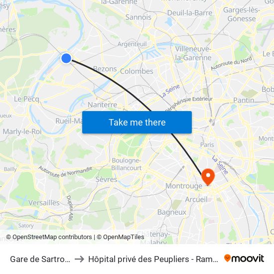Gare de Sartrouville - RER to Hôpital privé des Peupliers - Ramsay Générale de Santé map