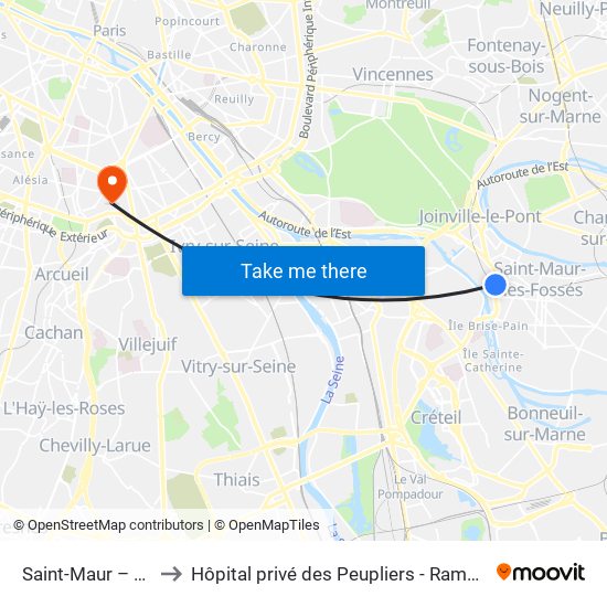 Saint-Maur – Créteil RER to Hôpital privé des Peupliers - Ramsay Générale de Santé map