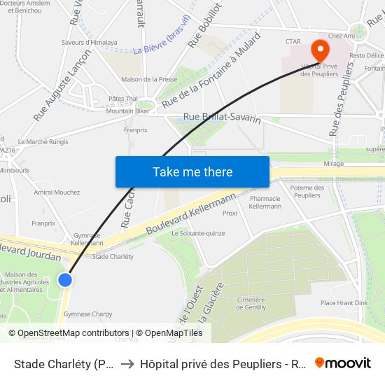 Stade Charléty (Porte de Gentilly) to Hôpital privé des Peupliers - Ramsay Générale de Santé map