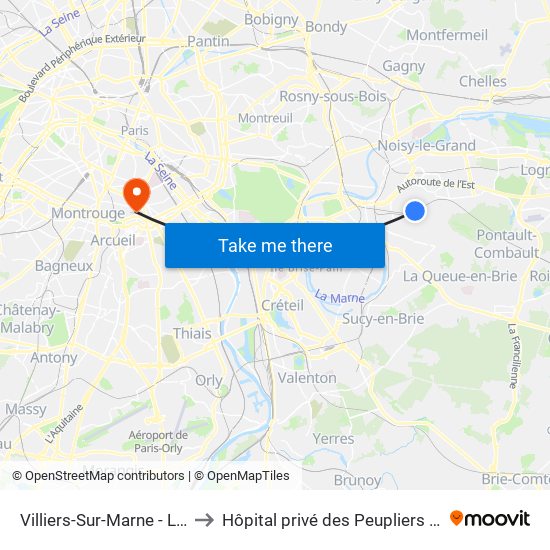 Villiers-Sur-Marne - Le Plessis-Trévise RER to Hôpital privé des Peupliers - Ramsay Générale de Santé map