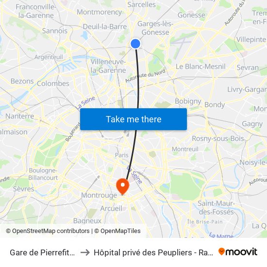 Gare de Pierrefitte - Stains RER to Hôpital privé des Peupliers - Ramsay Générale de Santé map