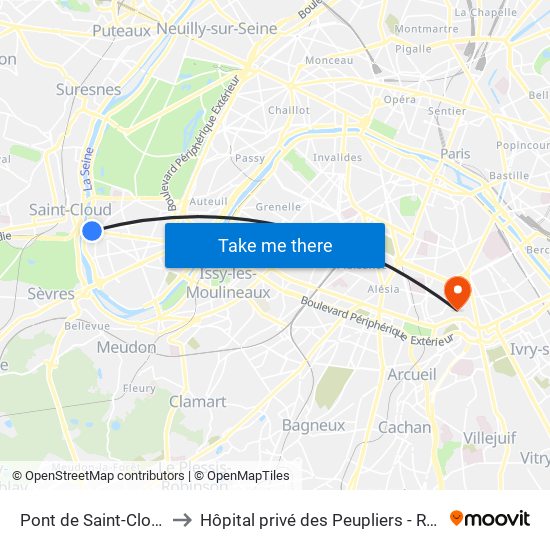 Pont de Saint-Cloud - Albert Kahn to Hôpital privé des Peupliers - Ramsay Générale de Santé map