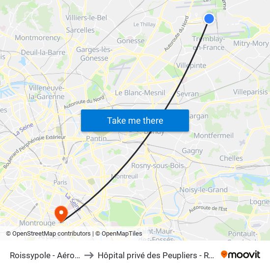 Roissypole - Aéroport Cdg1 (D1) to Hôpital privé des Peupliers - Ramsay Générale de Santé map