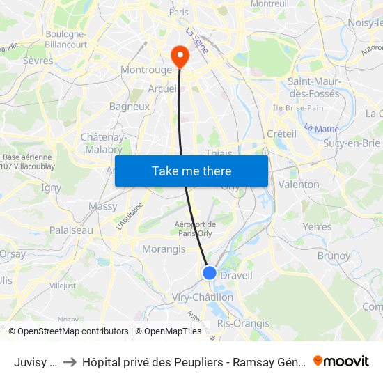 Juvisy RER to Hôpital privé des Peupliers - Ramsay Générale de Santé map