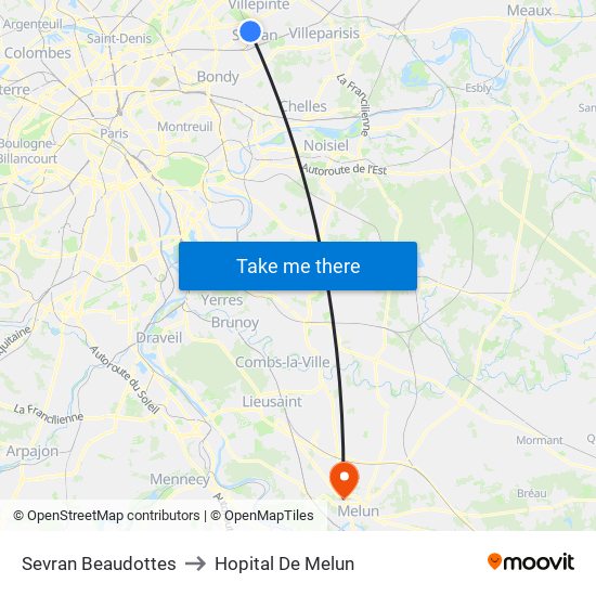Sevran Beaudottes to Hopital De Melun map