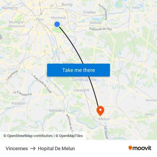 Vincennes to Hopital De Melun map