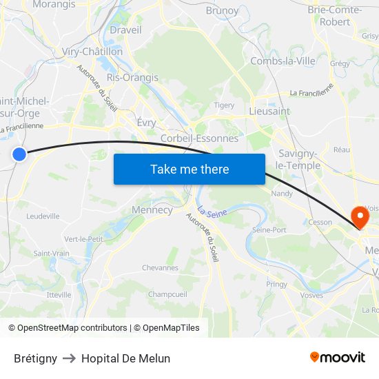 Brétigny to Hopital De Melun map