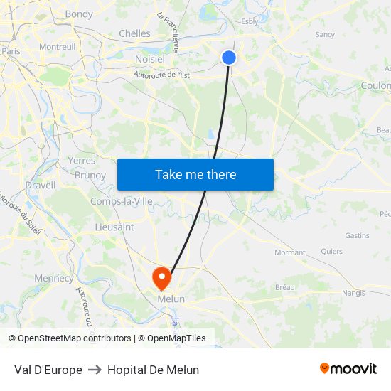 Val D'Europe to Hopital De Melun map