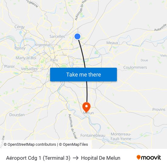 Aéroport Cdg 1 (Terminal 3) to Hopital De Melun map