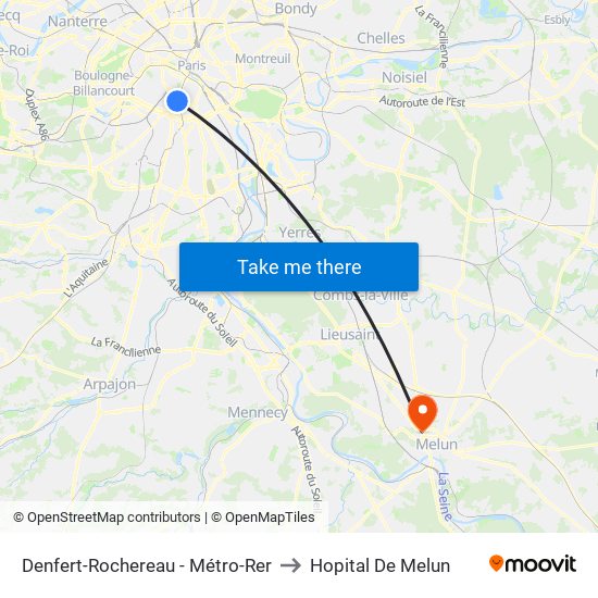 Denfert-Rochereau - Métro-Rer to Hopital De Melun map