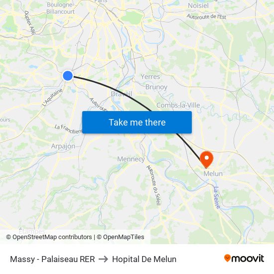 Massy - Palaiseau RER to Hopital De Melun map