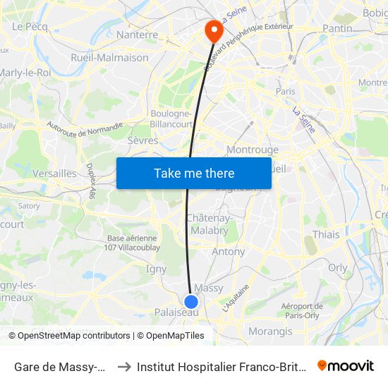 Gare de Massy-Palaiseau to Institut Hospitalier Franco-Britannique (IHFB) map