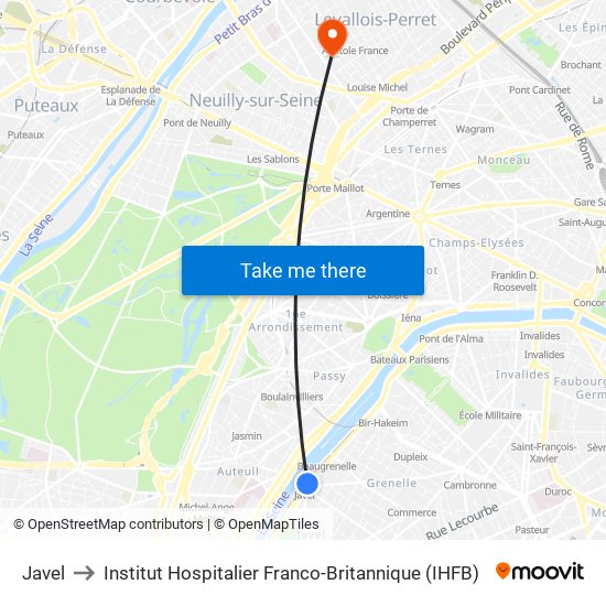 Javel to Institut Hospitalier Franco-Britannique (IHFB) map