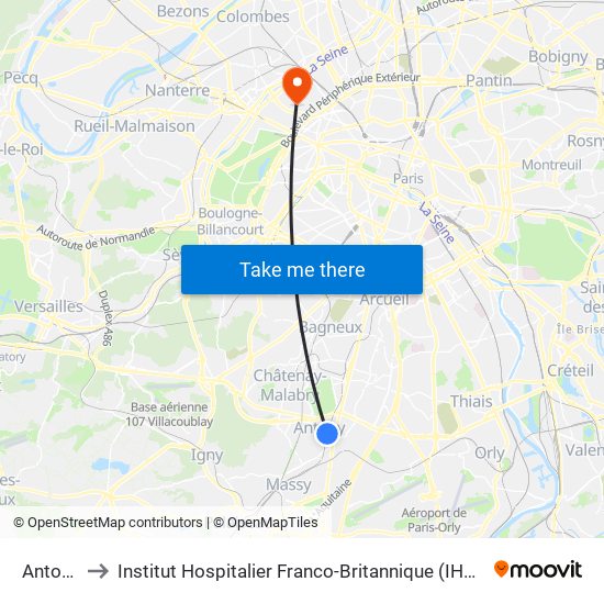 Antony to Institut Hospitalier Franco-Britannique (IHFB) map