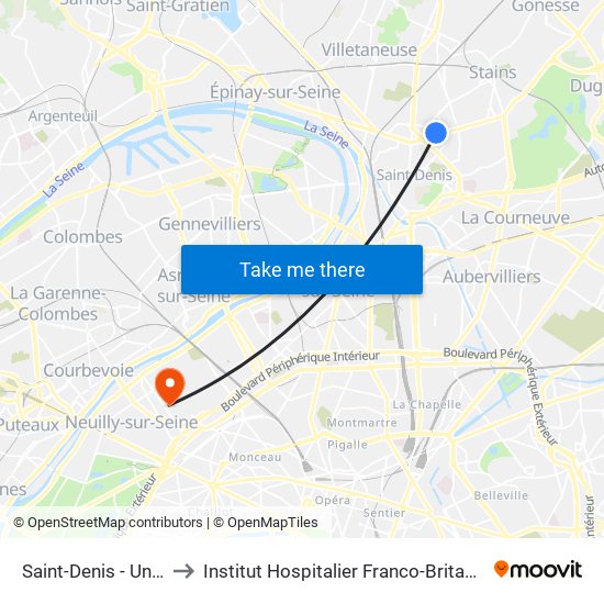 Saint-Denis - Université to Institut Hospitalier Franco-Britannique (IHFB) map