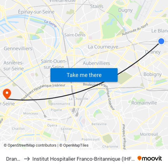Drancy to Institut Hospitalier Franco-Britannique (IHFB) map