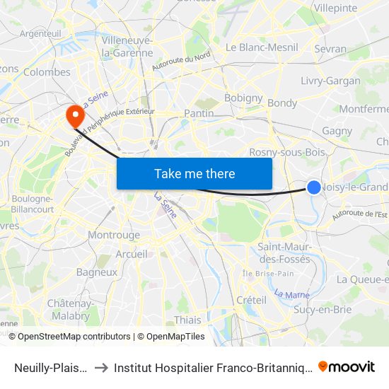 Neuilly-Plaisance to Institut Hospitalier Franco-Britannique (IHFB) map