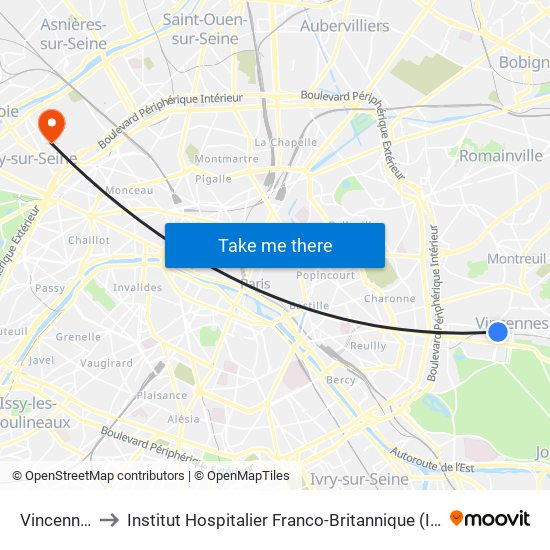 Vincennes to Institut Hospitalier Franco-Britannique (IHFB) map