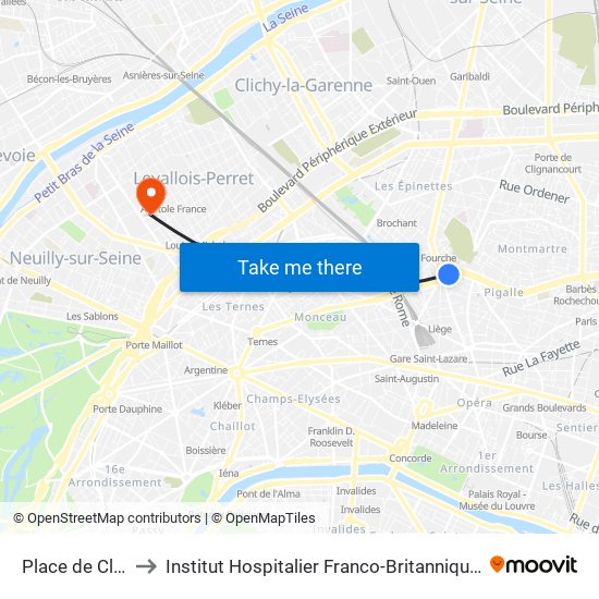 Place de Clichy to Institut Hospitalier Franco-Britannique (IHFB) map