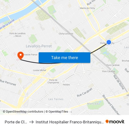 Porte de Clichy to Institut Hospitalier Franco-Britannique (IHFB) map