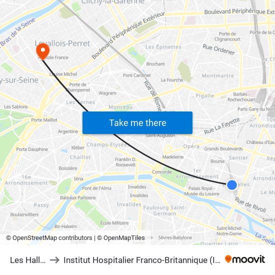 Les Halles to Institut Hospitalier Franco-Britannique (IHFB) map