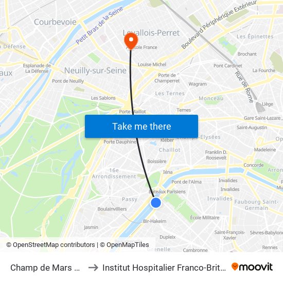 Champ de Mars Tour Eiffel to Institut Hospitalier Franco-Britannique (IHFB) map