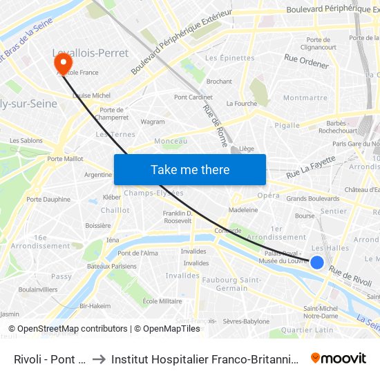 Rivoli - Pont Neuf to Institut Hospitalier Franco-Britannique (IHFB) map