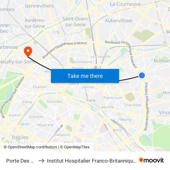 Porte Des Lilas to Institut Hospitalier Franco-Britannique (IHFB) map