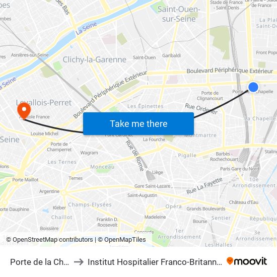 Porte de la Chapelle to Institut Hospitalier Franco-Britannique (IHFB) map