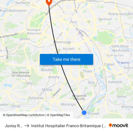 Juvisy RER to Institut Hospitalier Franco-Britannique (IHFB) map
