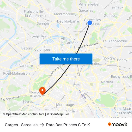 Garges - Sarcelles to Parc Des Princes G To K map