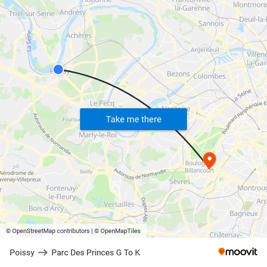 Poissy to Parc Des Princes G To K map