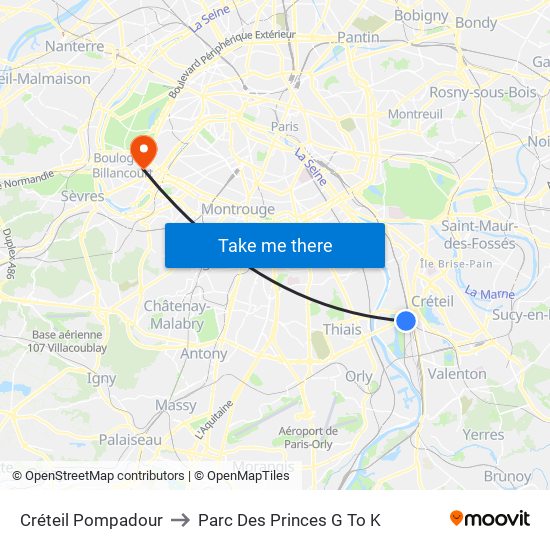 Créteil Pompadour to Parc Des Princes G To K map