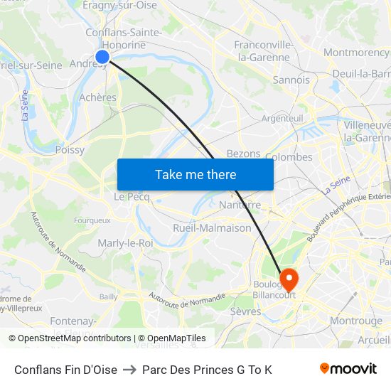 Conflans Fin D'Oise to Parc Des Princes G To K map