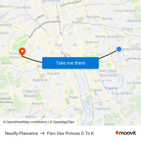 Neuilly-Plaisance to Parc Des Princes G To K map