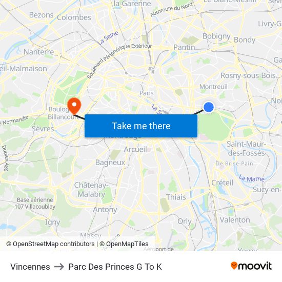 Vincennes to Parc Des Princes G To K map